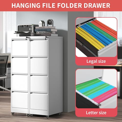 IKIMI 4 Drawer Mobile File Cabinet with Lock,White Metal Filing Cabinets - color: White, size: 4 Drawers with Wheels