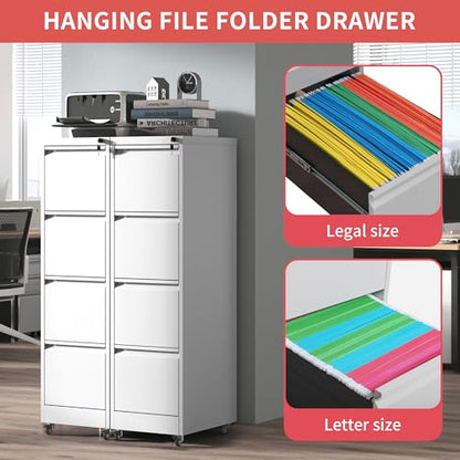IKIMI 4 Drawer Mobile File Cabinet with Lock,White Metal Filing Cabinets - color: White, size: 4 Drawers with Wheels