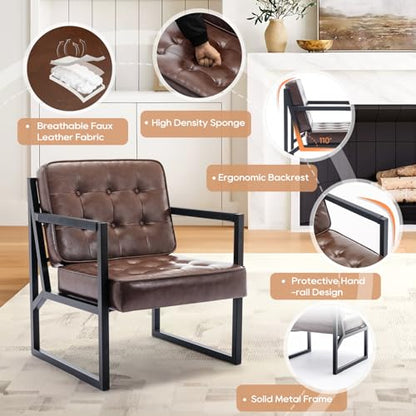 COLAMY Mid Century Modern Accent Chair, Comfy Living Room Chairs, Brown Leather Accent Chair, Faux Leather Reception Armchair with Metal Legs for Living Room Bedroom Reception Waiting Room, Brown - color: Brown, size: Set of 1