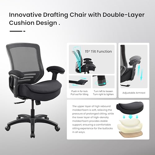 BOLISS 400lbs Ergonomic Office Chair Mid Back Double Seat Cushion | Height Adjustable Arms Mesh Ergonomic Super Soft Wide Cushion Office Computer Desk Chair - color: All in Black