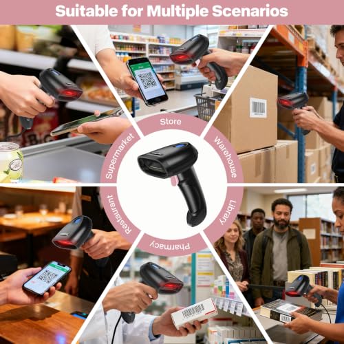 Bluetooth 2D Barcode Scanner, 3-in-1 Bluetooth & USB Wired & 2.4G Wireless QR Barcode Reader, PDF417 Data Matrix Handheld Bar Code Scanner Work with Windows, Android, iOS (TM-10B) - color: Pink