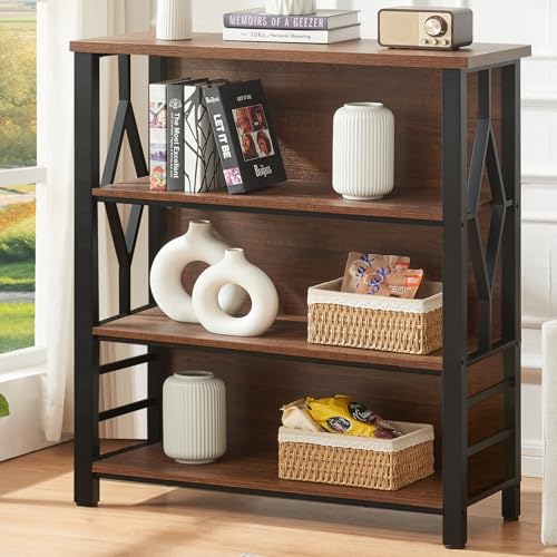 HOMISSUE Bookshelf, 4-Tier Rustic Short Bookshelf, Industrial Shelf Bookcase with Engineered Wood Shelves, Low Bookcase with Storage, Small Shelf for Living Room, Bedroom and Office, Rustic Brown - color: Rustic Brown, size: 4-tier (35.4"W x 44.3"H x 12.6
