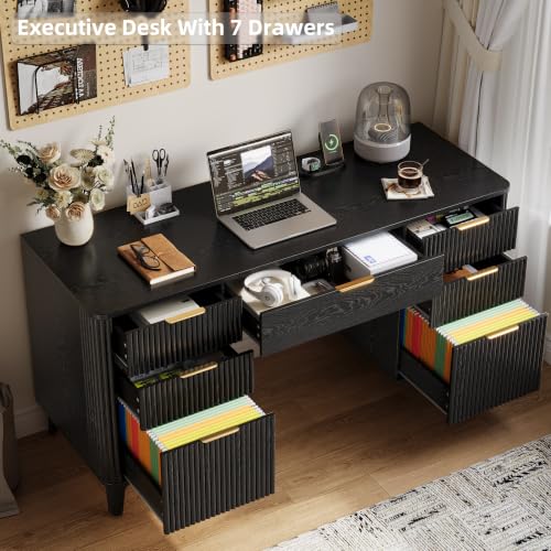 55.1" Fluted Executive Desk with Drawers, Wood Computer Desk with Storage Cabinet, Home Office Desk with Charging Station, Farmhouse Desk with File Cabinet for Office Home - color: Black With 4 Legs