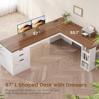 SEDETA 67" Farmhouse Executive L Shaped Desk with 3 Drawers - color: White and Brown, size: L Shaped Desk (67")