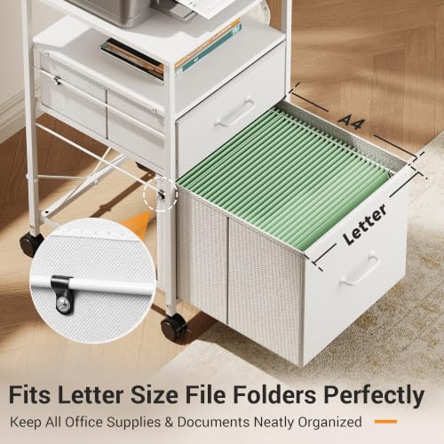 DEVAISE 2 Drawer Fabric Vertical Filing Cabinet, Rolling Printer Stand, White - color: White