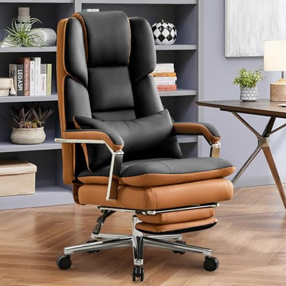 Furniliving Big and Tall Office Chair with Footrest, PU Leather High Back Executive Office Chair with Adjustable Lumbar Support, Wide Seat Reclining Desk Chair with Armrest, Height Adjustment, Black