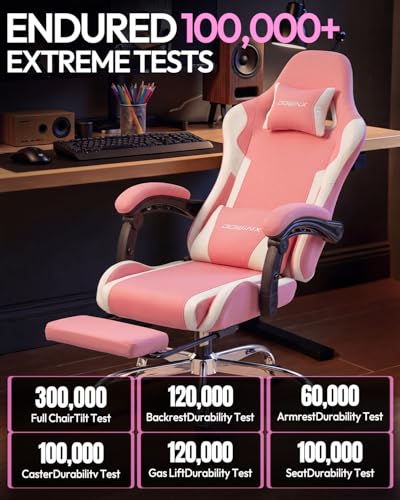 Dowinx Ergonomic Gaming Chair with Footrest & Massage Lumbar, 2D-Linkage Armrests for Computer Chair 330lbs with Headrest Pillow for Office, Home, Streaming and Long Gaming Sessions, Fabric Pink White - color: Pink White