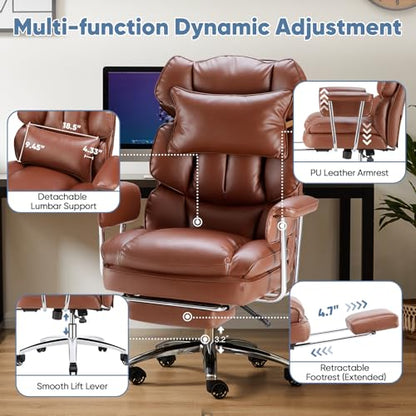 DUMOS Ergonomic Home Office Desk Chair, Executive Chair, PU Leather | Big Tall High Back, Lumbar Support, Reclining Height Adjustable, Computer Gaming, Footrest Swivel Wheels, Brown - color: Brown