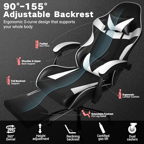 Gaming Chair with Footrest and Lumbar Support, Height Adjustable Chair with 360°Office Desk Chair,Heavy Duty 330lbs Computer Chair for Adults - color: White & Black
