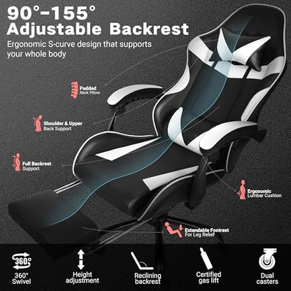 Gaming Chair with Footrest and Lumbar Support, Height Adjustable Chair with 360°Office Desk Chair,Heavy Duty 330lbs Computer Chair for Adults - color: White & Black