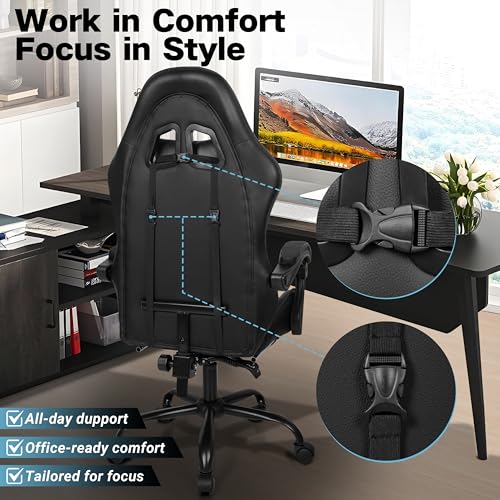 Gaming Chair with Footrest and Lumbar Support, Height Adjustable Chair with 360°Office Desk Chair,Heavy Duty 330lbs Computer Chair for Adults - color: Black