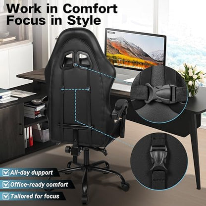 Gaming Chair with Footrest and Lumbar Support, Height Adjustable Chair with 360°Office Desk Chair,Heavy Duty 330lbs Computer Chair for Adults - color: Black