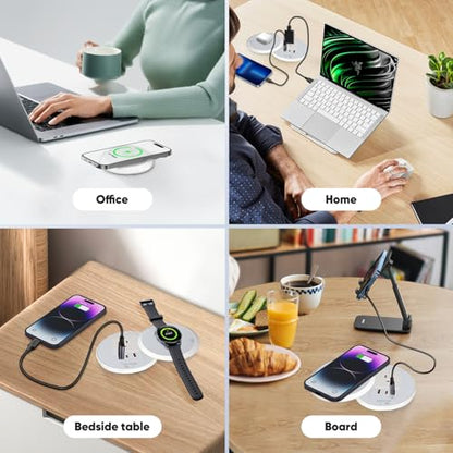 Desk Power Strip with 15W Wireless Charger, PD 20W USB-A, QC 3.0 USB-C Fast Charging Embedded Power Outlet, Recessed Power Outlet with AC outlets and 6FT Cord - color: white