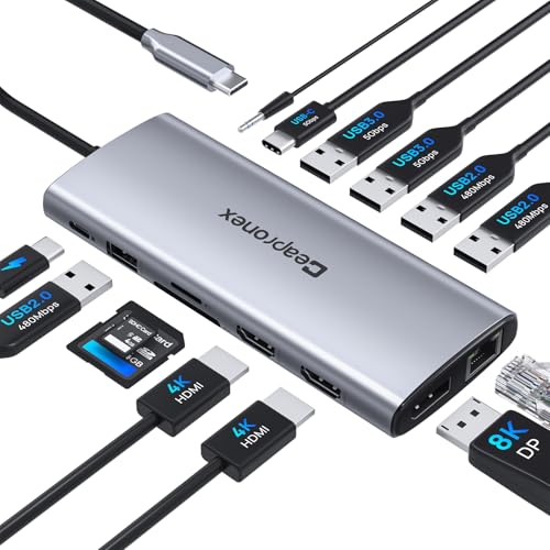 USB C Docking Station 14 in 1 with 2 HDMI 4K + DP 8K 3 Monitors Triple Display for Laptop,/MacBook Pro/Air/HP/DELL/Lenovo, USB C Hub Dongle Dock with USB 3.0, RJ45,100W PD, SD/TF, Audio/Mic