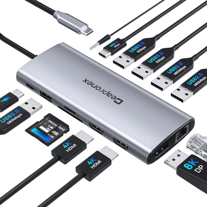 USB C Docking Station 14 in 1 with 2 HDMI 4K + DP 8K 3 Monitors Triple Display for Laptop,/MacBook Pro/Air/HP/DELL/Lenovo, USB C Hub Dongle Dock with USB 3.0, RJ45,100W PD, SD/TF, Audio/Mic