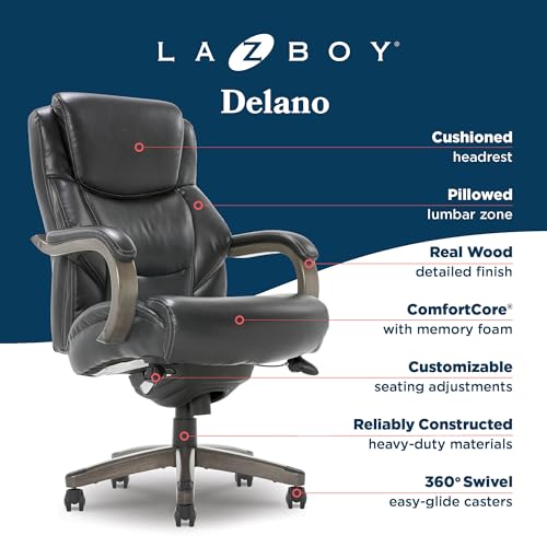 La-Z-Boy Delano Big and Tall Executive Office Chair - Ergonomic Lumbar Support Memory Foam - Bonded Leather Desk Chair for Home Office - Weathered Grey Wood Arms - Black - color: Black With Weathered Gray Wood