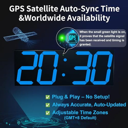 CHKOSDA 18.7 Inch Large Digital Wall Clock with GPS Auto-Sync Time - Blue | 164ft Visibility, No Wi-Fi, 8-Level Dimming, Timer, Remote, Wall-Mounted, for Living Room, Office, Classroom, Garage - color: 18.7" Gps Auto-sync Wall Clock-blue