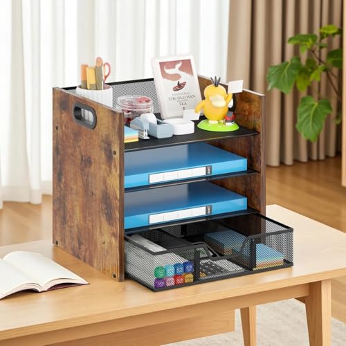 Desk Organizer - 4 Tier Desktop File Organizer with Drawer, Wooden Paper Tray Organizer, Office Desk Accessories Organizer for Papers, Mail, Notebooks, Stationery - size: 4 Tier Drawer