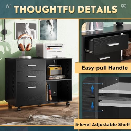 DEVAISE Wood File Cabinet, 3 Drawer Lateral Filing Cabinet Black - color: Black