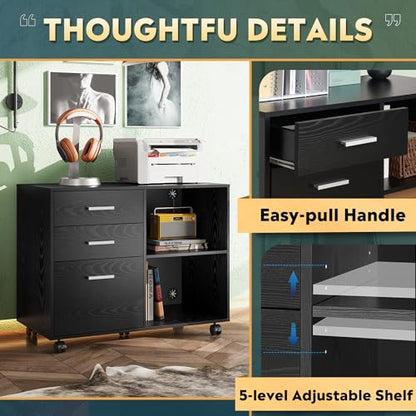 DEVAISE Wood File Cabinet, 3 Drawer Lateral Filing Cabinet Black - color: Black