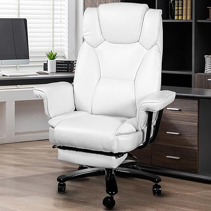 Reclining Office Chair with Footrest, Big and Tall Home Office Desk Chairs 400lbs with High Back, Criss Cross Wide Seat, Heavy Duty Base, Pu Leather, White - color: White
