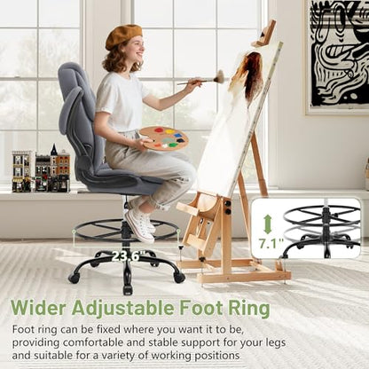 500LBS Drafting Chair, High Back Safer Standing Desk Chair, Executive Tall Office Chair with Flip-up Armrests, Upholstered PU Leather Task Chair, Ergonomic Seat with Adjustable Height&Foot Ring, Grey - color: Grey