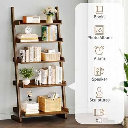Uniclinens Walnut Wooden Ladder Shelf, 5-Tier Ladder Shelf Bookcase, Ladder Bookshelf for Compact Spaces, Solid Wood Bookshelf for Living Room, Bedroom, Home Office,(23.6''Dx15.7''Wx55.1''H)