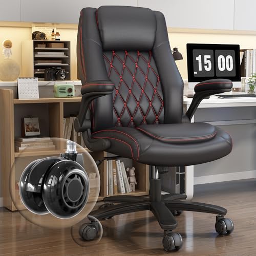 GYI High Back Executive Office Desk Chair, Leather Computer Chair, Black | 2.6"Rubber Wheels, Flip-up Arms, Heavy Duty Base, Thick Padded Seat, Lumbar Support, Home, Conference Rooms, Reception Areas