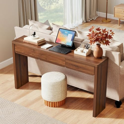 59 Inch Narrow Desk with 3 Drawers and Charging Station - Walnut - color: Walnut, size: 3 drawer