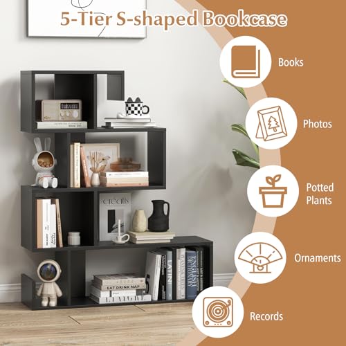 Tangkula S-Shaped Bookshelf, 5-Tier Modern Geometric Stepped Bookcase - color: Black