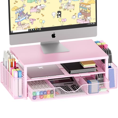 OPNICE Desk Organizer and Accessories, 2-Tier Computer Monitor Stand Riser with Drawer and 2 Pen Holders, Laptop Stand, Office Desk Accessories for Office Supplies, Pink - color: Pink 1-Pack, size: 18" x 9.1" x 5.6"
