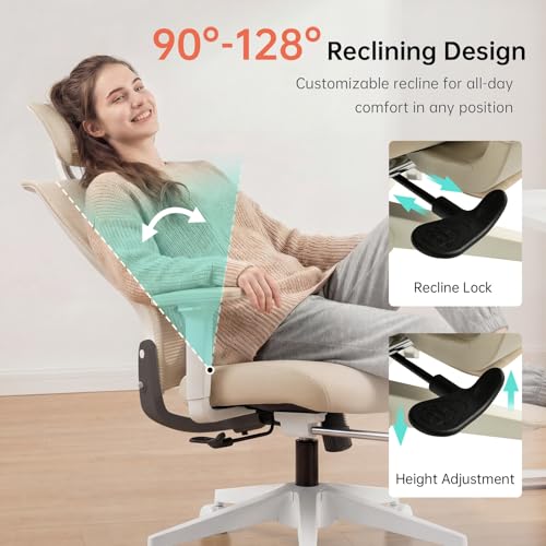 Ergonomic Foldable Office Chair with Footrest and Lumbar Support, Cream - color: Cream
