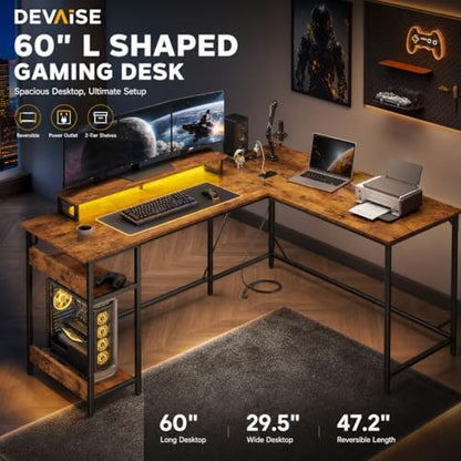 DEVAISE 60 Inch L Shaped Gaming Desk with LED Lights, Rustic Brown | Steel frame and engineered wood desktop with 2 AC outlets, 2 USB ports, monitor stand, and shelves for gaming setups - size: 60 Inch