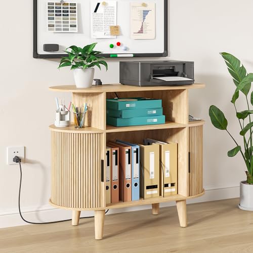 Fiogmub Round Printer Stand with Charging Station & USB Ports - color: Oak