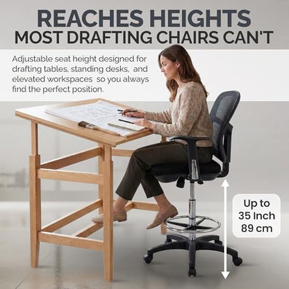 OfficeFactor Drafting Chair Tall Office Chair with Arms Executive Ergonomic Standing Desk Chair with Anti Scratch Wheels and Footrest - color: Black