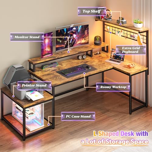 EnHomee 63" L Shaped Gaming Desk with LED Lights & Power Outlets,Brown - color: Rustic Brown, size: 63"W