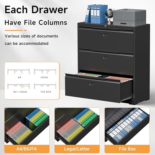 Bestoo 3 Drawer File Cabinet, Metal Lateral Filing Cabinet with Lock - color: Black, size: 3 Drawer 15.7"D x 35.4"W x 40"H