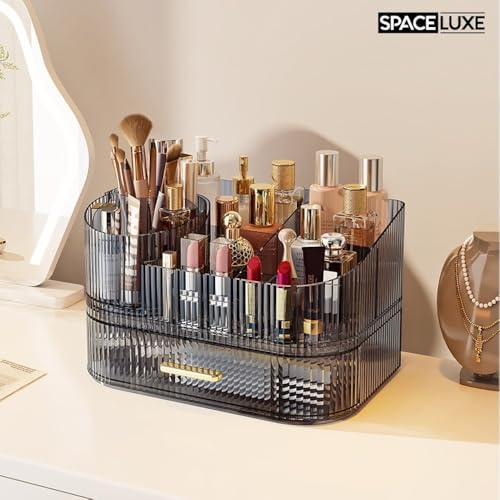 Makeup Organizer with Drawers, 360° Rotating Brush Holder | 2-Tier, Cosmetic storage for vanity, skincare, perfume, hair accessories, lipstick and jewelry, Transparent Gray - color: Transparent Gray, size: 2-layer
