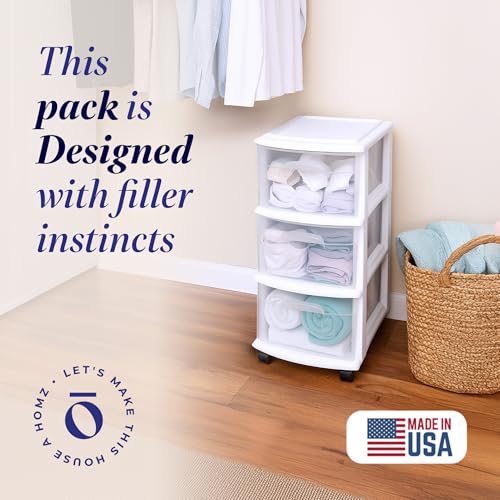 HOMZ Drawer Tower, 3-Tier Storage Cart with Removable Wheels, White Frame - color: White, size: 1 Pack