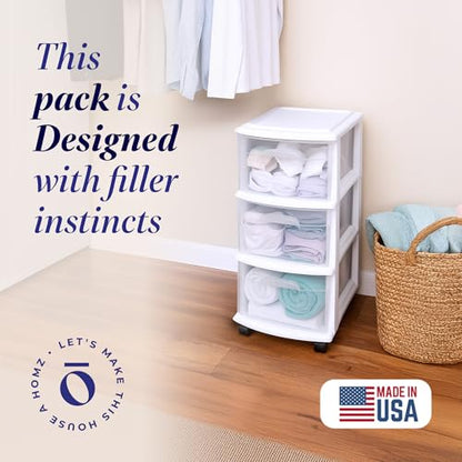 HOMZ Drawer Tower, 3-Tier Storage Cart with Removable Wheels, White Frame - color: White, size: 1 Pack