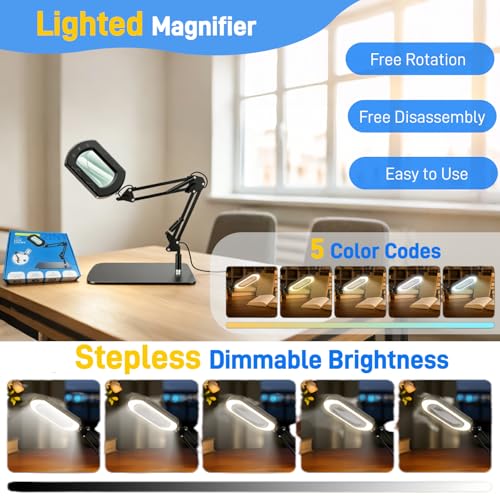 WEEOATAR 15X Lit Magnifying Glass Led Magnifier with Stand, Foldable, 5 Color Modes, Stepless Dimming, 2 in 1 Magnifier for Desk and Clamp for Reading, Sewing and DIY (Square) - style: Square