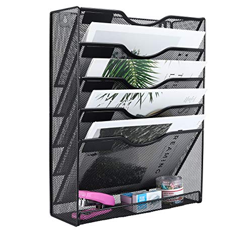 EasyPAG 5 Tier Wall File Holder Mesh Hanging Folder Organizer with Classify Label, Versatile Desk File Holder, Vertical Wall Mounted Mail Organizer for Office Home Cubicle, Black, Closed Sides - color: Black (Update）