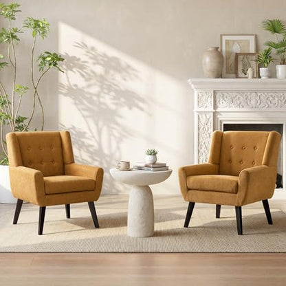 HUIMO Living Room Chairs Set of 2,Upholstered Button Linen Accent Chair | Mid Century Fabric Modern Armchair,Comfy Arm Club Sofa Chairs for Living Room Reading Bedroom,Waiting Room Yellow 2PCS - color: Yellow