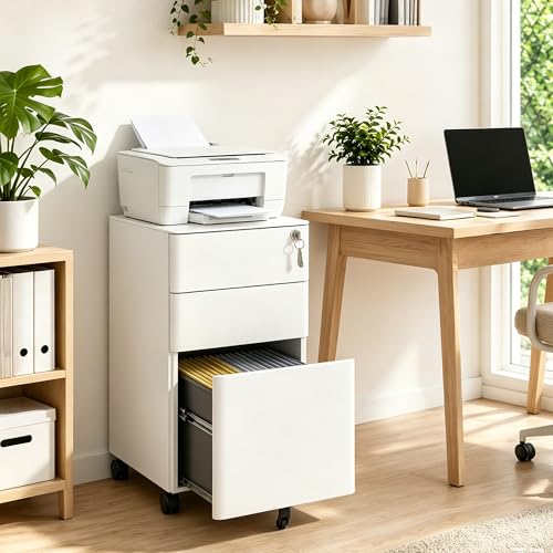 SAWJEC 3 Drawer Mobile File Cabinet Fully Assembled, White | 11.8"W x 17.7"D x 24"H, Rolling Under Desk Metal Filing Cabinet with Lock, for Home Office, Fit Legal/Letter/A4 Size - color: White, size: 24"H x 11.8"W x 18"D