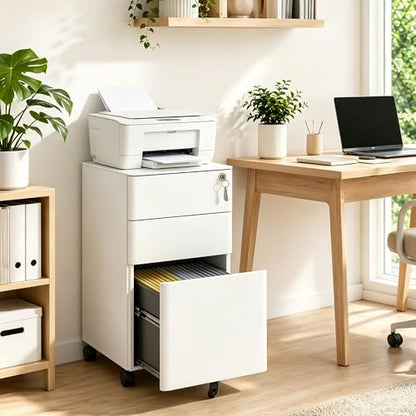 SAWJEC 3 Drawer Mobile File Cabinet Fully Assembled, White | 11.8"W x 17.7"D x 24"H, Rolling Under Desk Metal Filing Cabinet with Lock, for Home Office, Fit Legal/Letter/A4 Size - color: White, size: 24"H x 11.8"W x 18"D