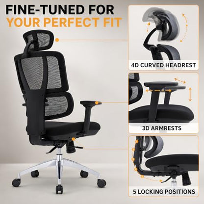 SUNLINE Elevate Office Chair - Ergonomic & Adjustable Lumbar Support System with Aluminum Base - 4D Curved Mesh Headrest & 3D Armrest Chair, Tilt Control - color: Black - Back Support