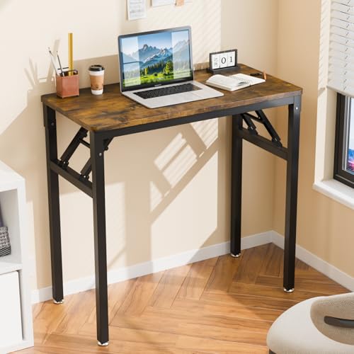 VINGLI Small Computer Desk No Assembly Required, Folding Desk as Writing Table, Dining Table and Workbench, Foldable Desk for Small Space & Home Office, 31.5 Inch, Brown & Black Frame - color: Brown