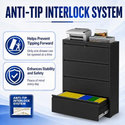 4 Drawer File Cabinet with Lock, Metal File Cabinet, Black - color: Black, size: 52.3"H - 4 Drawer