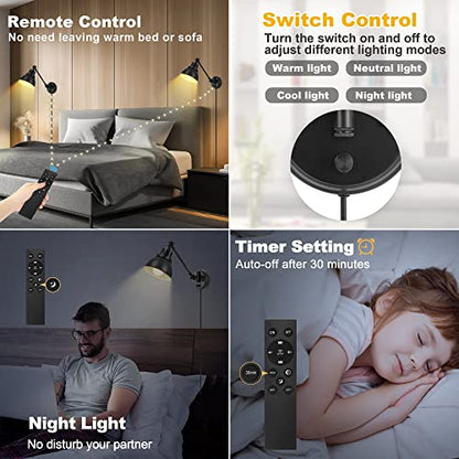 Plug in Wall Sconces Set of Two with Remote, Stepless Dimming & Stepless Colors 2700K-6500K, Swing Arm Wall Lamp, Plug in Wall Light with Night Light & Timer, Hardwired or Plug-in, LED Bulbs Included - size: Black-2 PACK(Bulbs+Remote)