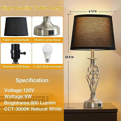 Table Lamp for Bedroom Set of 2 with USB C+A Ports,Modern Night Stand Lamps - color: Silver Base + Black Lampshade